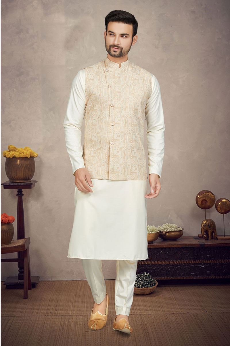 Amazing Cream Colored Designer Kurta Pajama Set