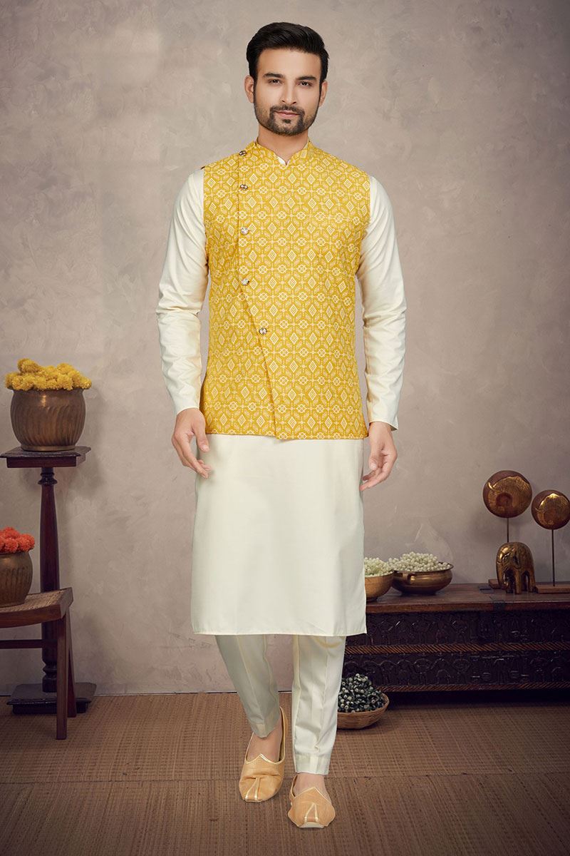 Impressive Cream Colored Designer Kurta Pajama Set