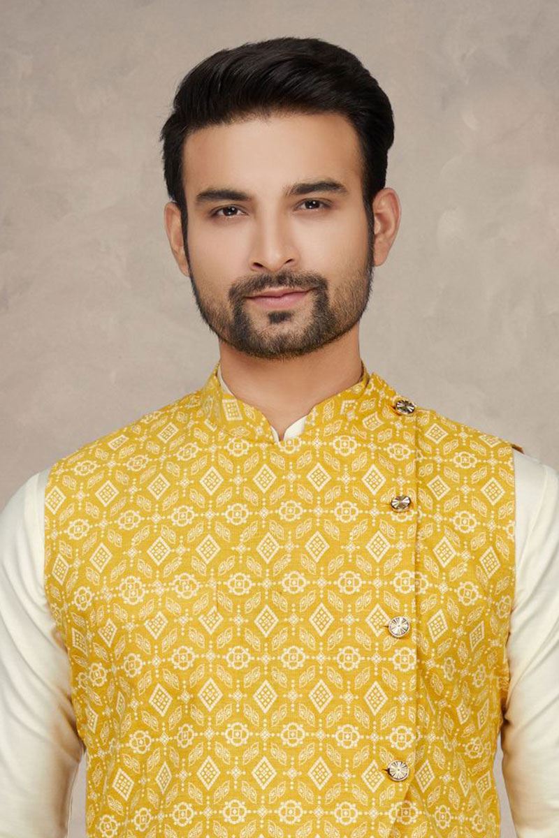 Impressive Cream Colored Designer Kurta Pajama Set