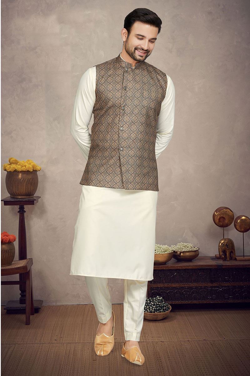 Delightful Cream Colored Designer Kurta Pajama Set