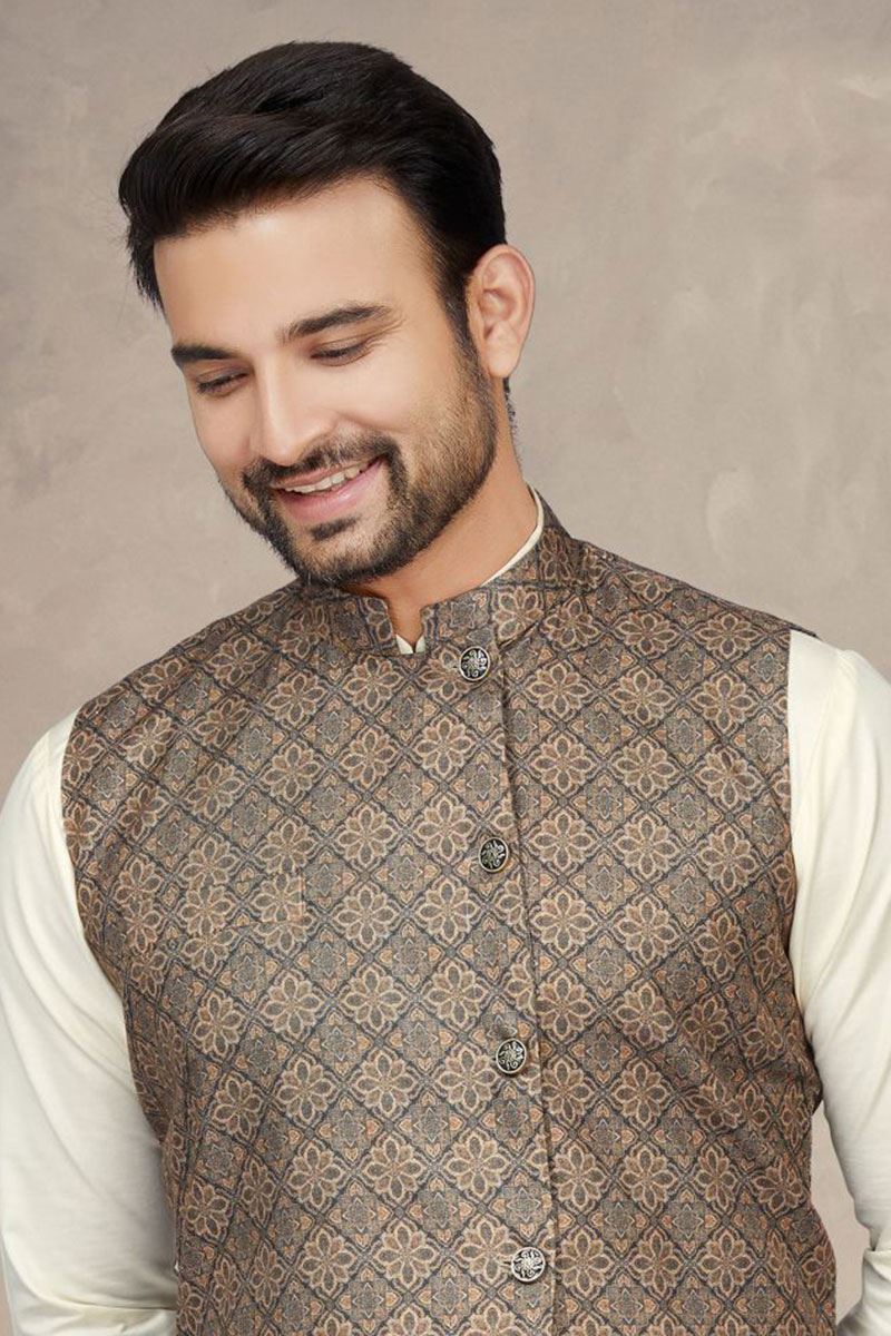 Delightful Cream Colored Designer Kurta Pajama Set