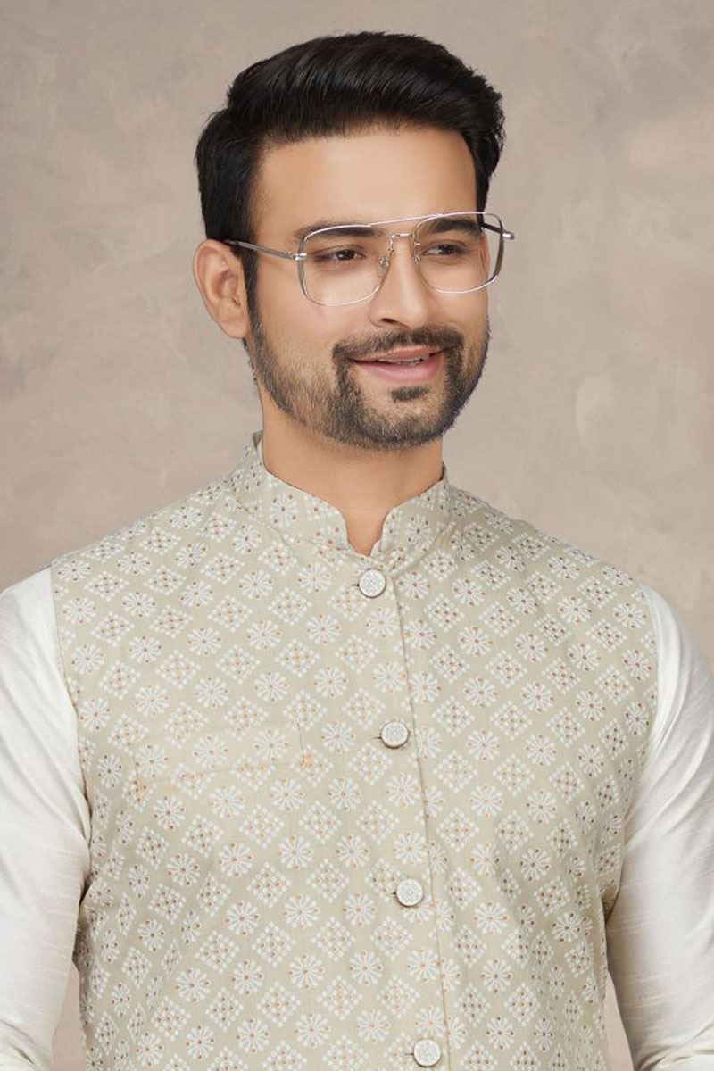 Appealing Off White Colored Designer Kurta Pajama Set