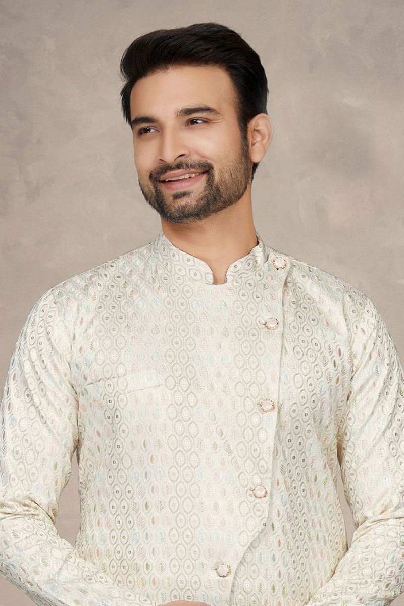 Exquisite Cream Colored Designer Readymade Sherwani