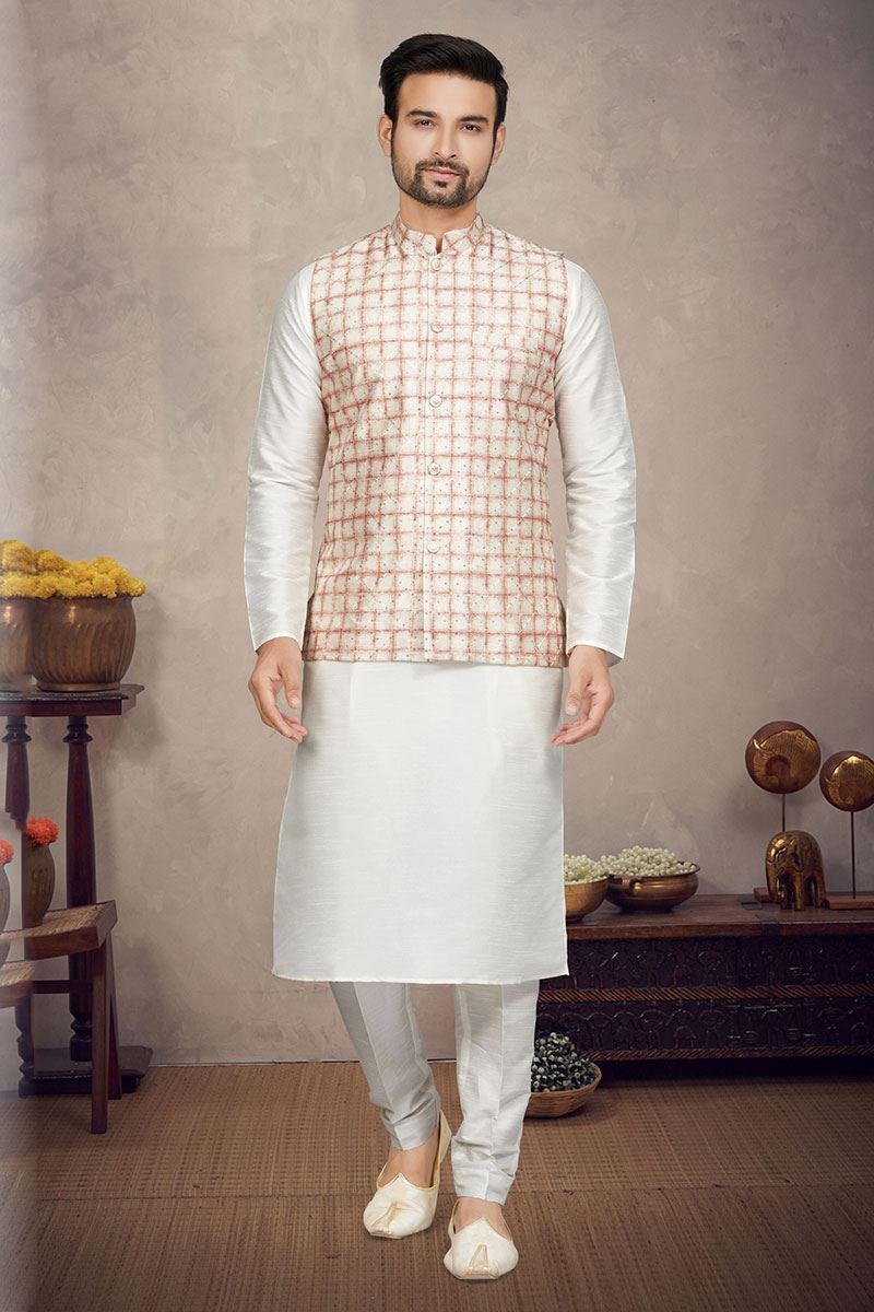 Impressive Cream Colored Designer Kurta Pajama Set