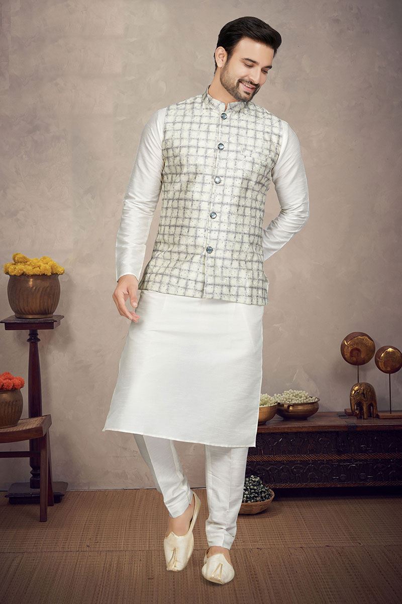 Delightful Cream Colored Designer Kurta Pajama Set