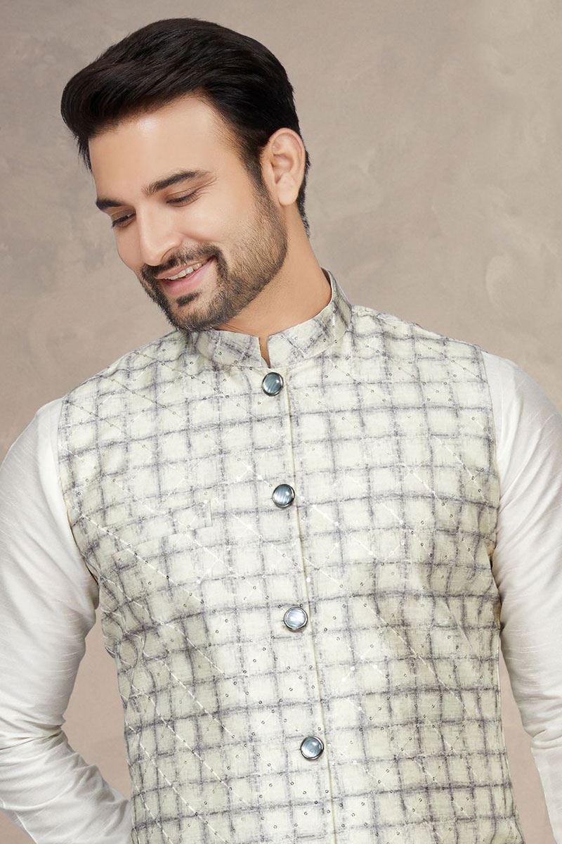 Delightful Cream Colored Designer Kurta Pajama Set