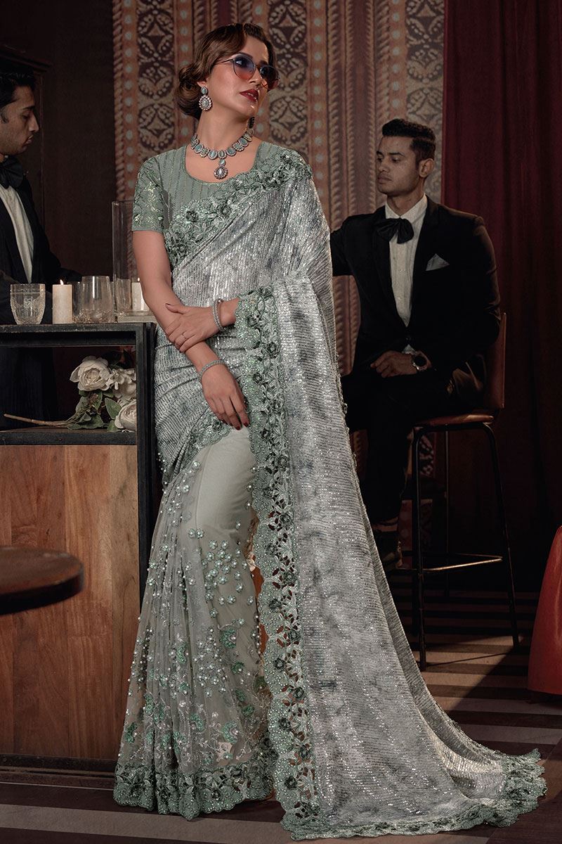 Exquisite Pista Green Colored Designer Saree