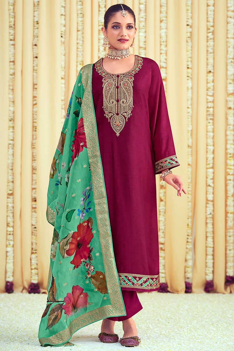 Irresistible Magenta Resham Work Ethnic Salwar Suit (Unstitched suit)