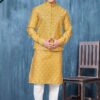 Magnificent Yellow Colored Designer Readymade Kurta, Payjama, and Jacket Set for Wedding or Festive