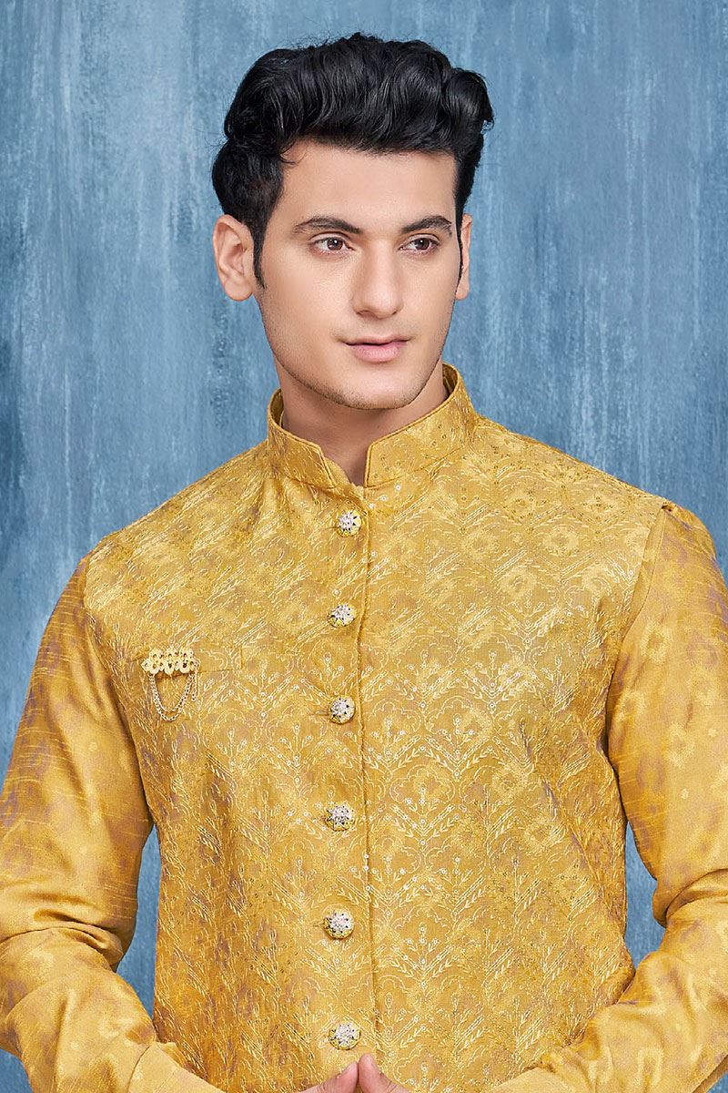 Magnificent Yellow Colored Designer Readymade Kurta, Payjama, and Jacket Set for Wedding or Festive