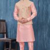 Artistic Pink and Cream Colored Designer Readymade Kurta, Payjama, and Jacket Set for Wedding or Festive