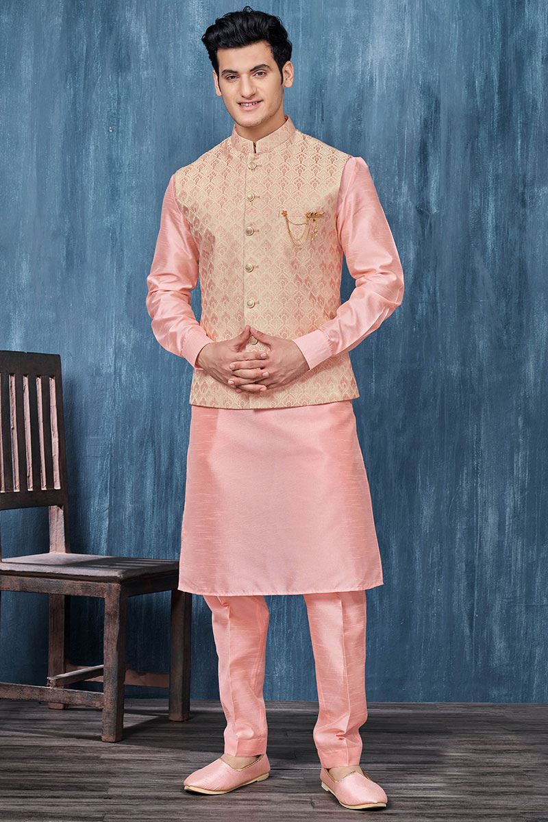 Artistic Pink and Cream Colored Designer Readymade Kurta, Payjama, and Jacket Set for Wedding or Festive