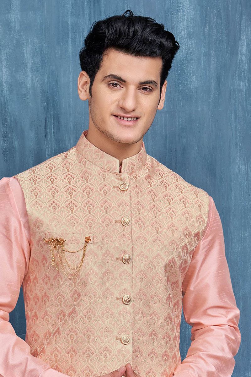 Artistic Pink and Cream Colored Designer Readymade Kurta, Payjama, and Jacket Set for Wedding or Festive