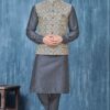 Awesome Dark Grey and Cream Colored Designer Readymade Kurta, Payjama, and Jacket Set for Wedding or Festive