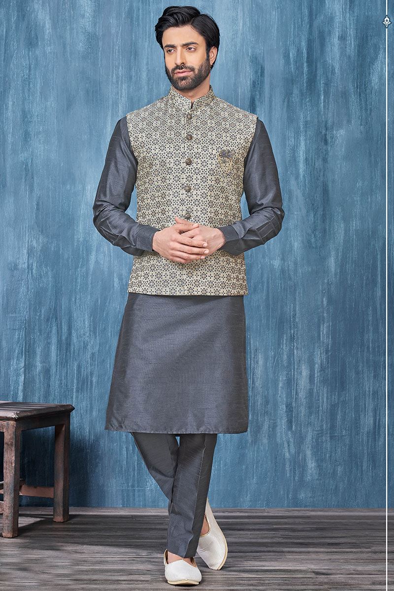 Awesome Dark Grey and Cream Colored Designer Readymade Kurta, Payjama, and Jacket Set for Wedding or Festive