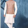 Royal White and Light Maroon Colored Designer Readymade Kurta, Payjama, and Jacket Set for Wedding or Festive