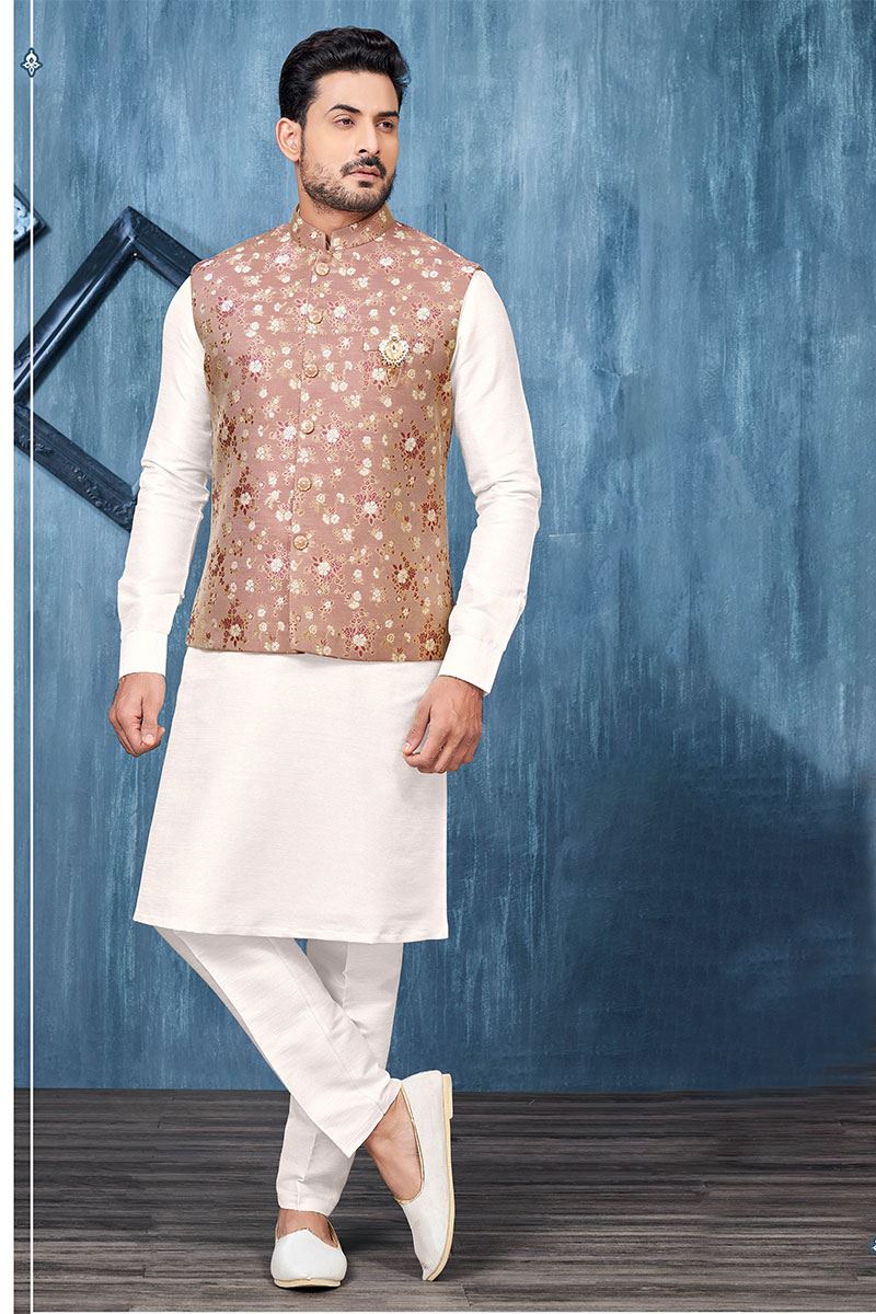 Royal White and Light Maroon Colored Designer Readymade Kurta, Payjama, and Jacket Set for Wedding or Festive
