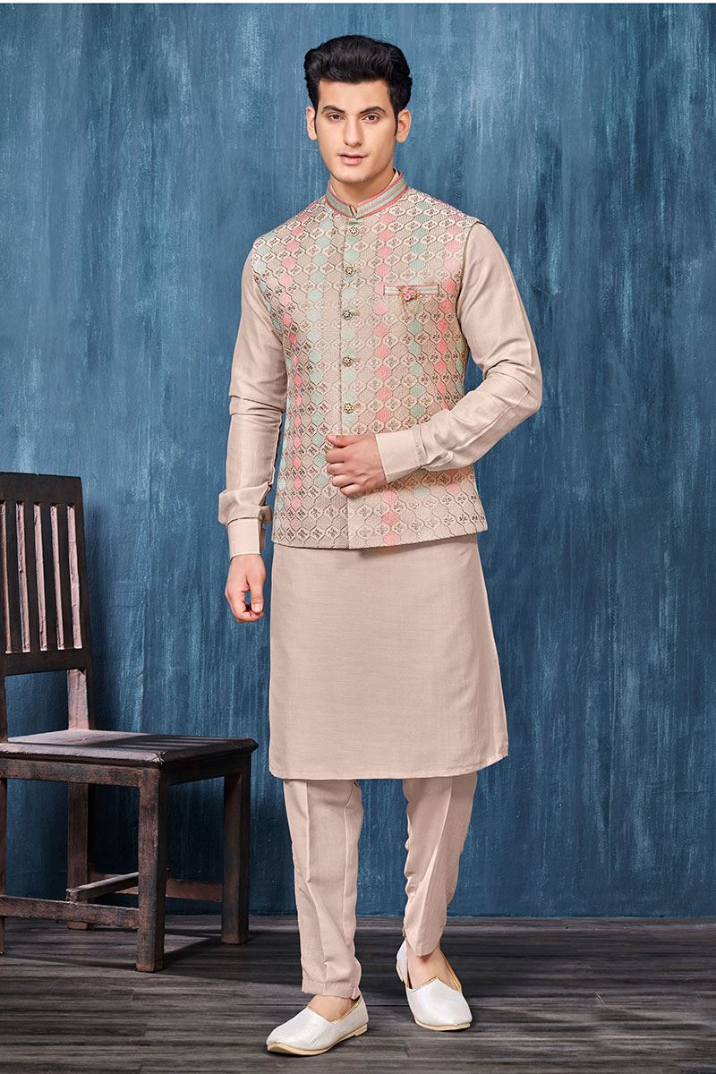 Attractive Light Beige Colored Designer Readymade Men’s Wear Kurta and Jacket Set for Wedding, Engagement, or Festive