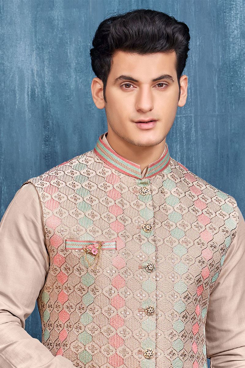 Attractive Light Beige Colored Designer Readymade Men’s Wear Kurta and Jacket Set for Wedding, Engagement, or Festive