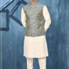 Splendid Cream and Blue Colored Designer Readymade Kurta, Payjama, and Jacket Set for Wedding or Festive