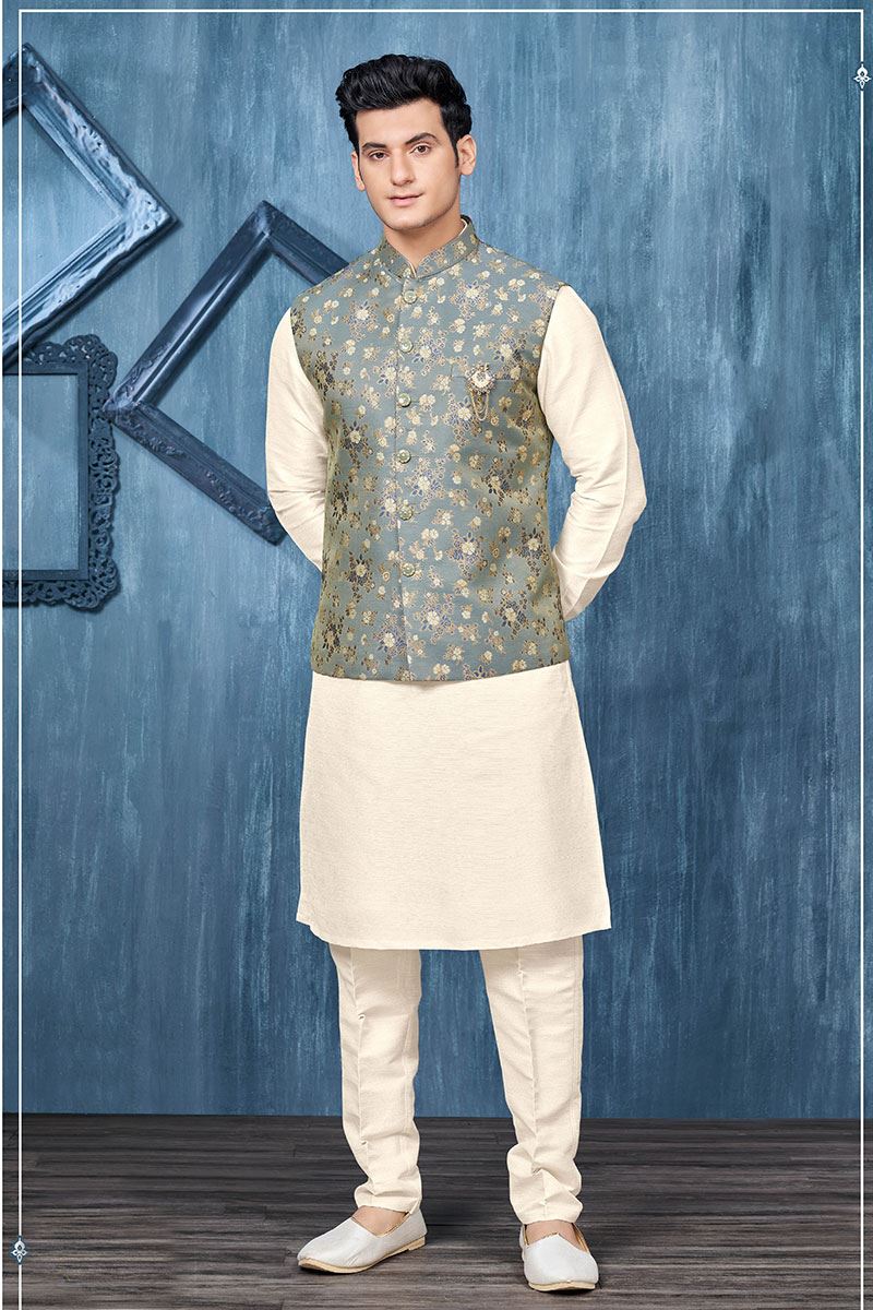 Splendid Cream and Blue Colored Designer Readymade Kurta, Payjama, and Jacket Set for Wedding or Festive