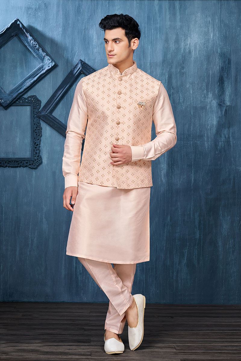 Charismatic Peach Colored Designer Readymade Men’s Wear Kurta and Jacket Set for Wedding, Engagement, or Festive