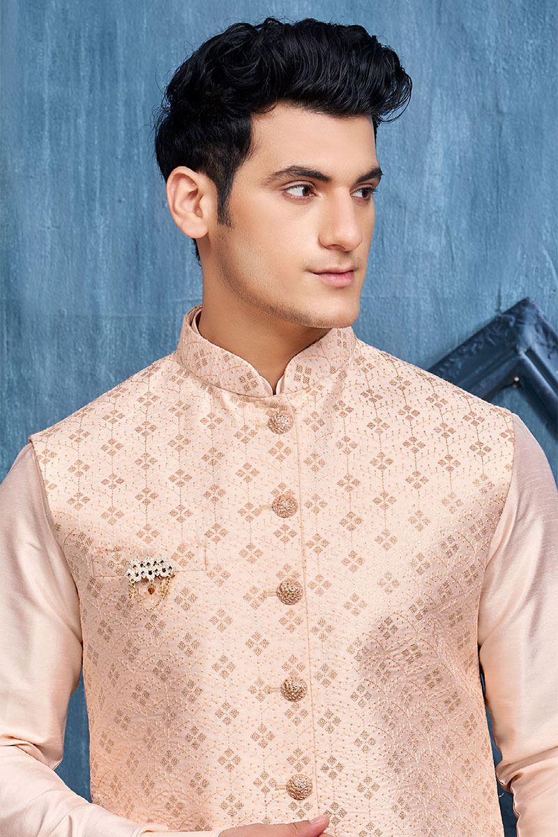 Charismatic Peach Colored Designer Readymade Men’s Wear Kurta and Jacket Set for Wedding, Engagement, or Festive