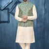 Spectacular Cream and Sea Green Colored Designer Readymade Kurta, Payjama, and Jacket Set for Wedding or Festive