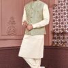 Fancy Cream and Green Colored Designer Readymade Kurta, Payjama, and Jacket Set for Wedding or Festive
