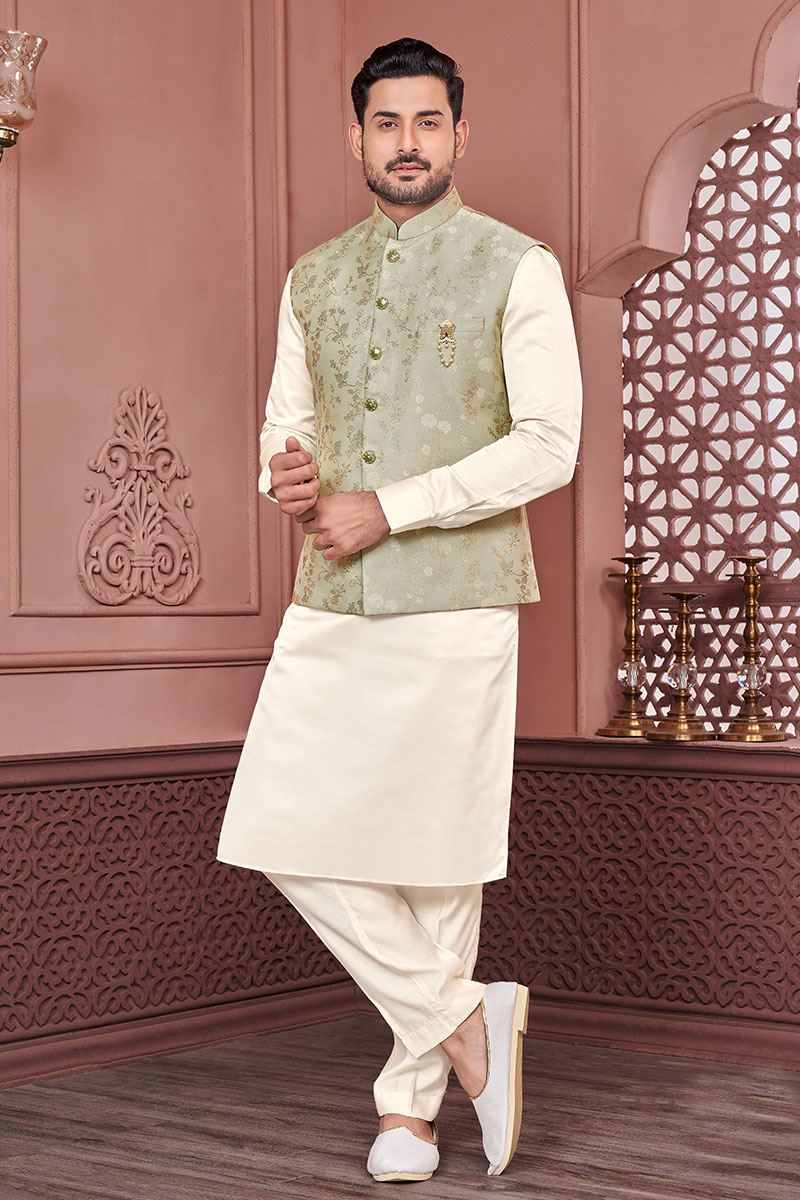 Fancy Cream and Green Colored Designer Readymade Kurta, Payjama, and Jacket Set for Wedding or Festive