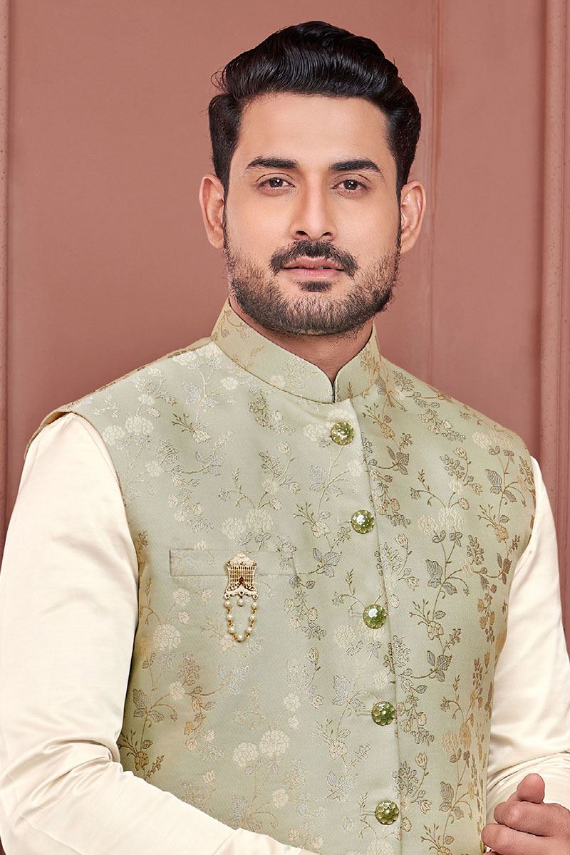 Fancy Cream and Green Colored Designer Readymade Kurta, Payjama, and Jacket Set for Wedding or Festive