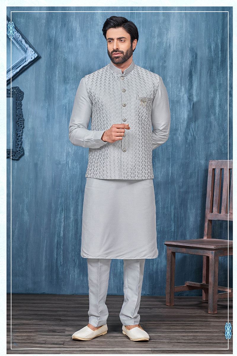 Enticing Grey Colored Designer Readymade Men’s Wear Kurta and Jacket Set for Wedding, Engagement, or Festive