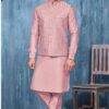 Aesthetic Dark Onion Colored Designer Readymade Men’s Wear Kurta and Jacket Set for Wedding, Engagement, or Festive