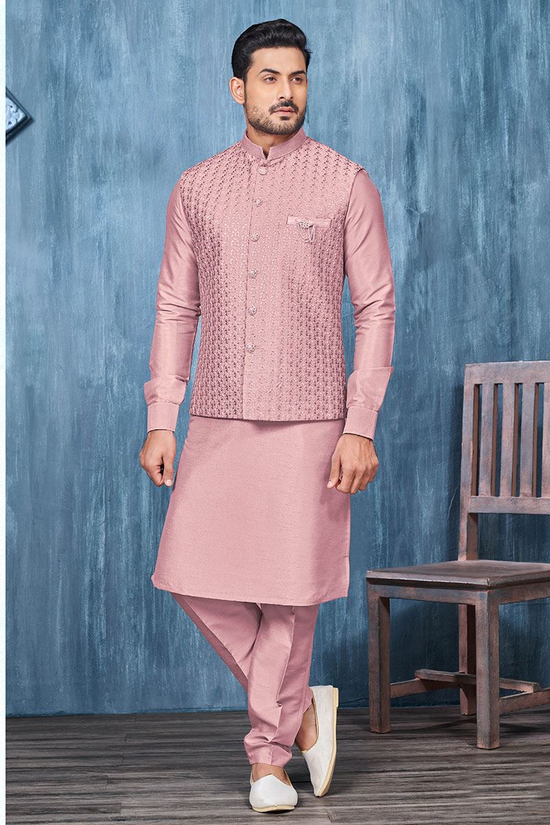 Aesthetic Dark Onion Colored Designer Readymade Men’s Wear Kurta and Jacket Set for Wedding, Engagement, or Festive
