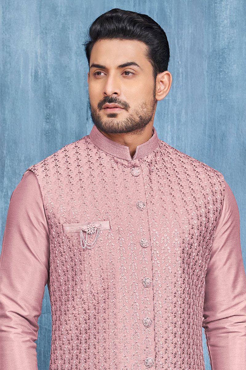 Aesthetic Dark Onion Colored Designer Readymade Men’s Wear Kurta and Jacket Set for Wedding, Engagement, or Festive