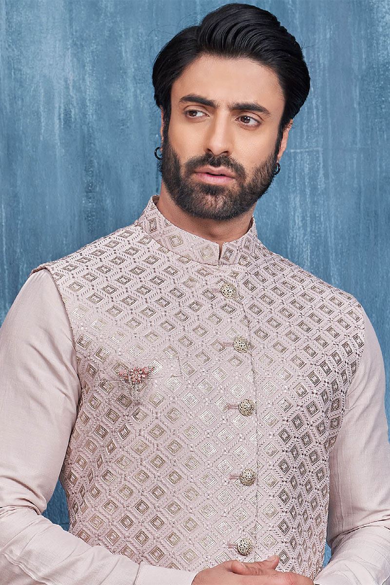 Exuberant Light Biscuit Colored Designer Readymade Men’s Wear Kurta and Jacket Set for Wedding, Engagement, or Festive