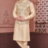 Attractive Light Chiku and Multi Colored Designer Readymade Men’s Wear Kurta and Jacket Set for Wedding, Engagement, or Festive