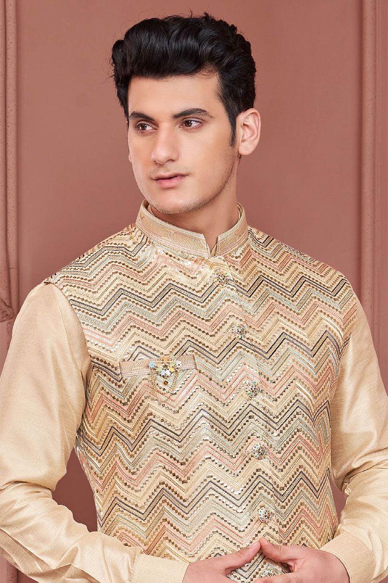 Attractive Light Chiku and Multi Colored Designer Readymade Men’s Wear Kurta and Jacket Set for Wedding, Engagement, or Festive