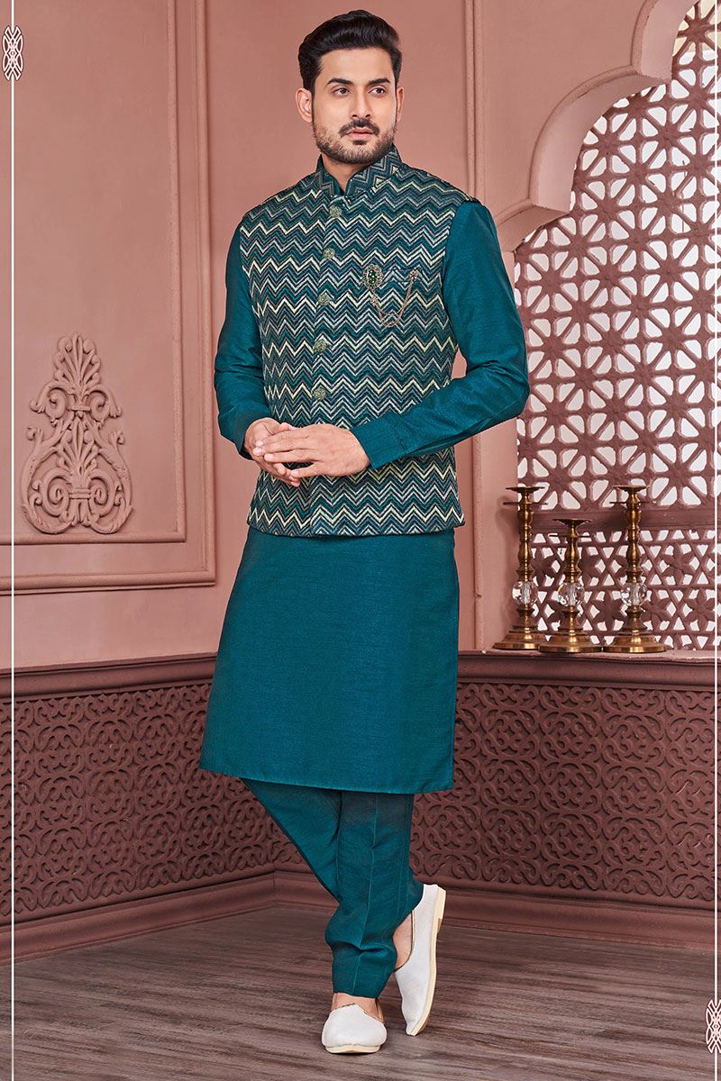 Charming Rama Green Colored Designer Readymade Men’s Wear Kurta and Jacket Set for Wedding, Engagement, or Festive