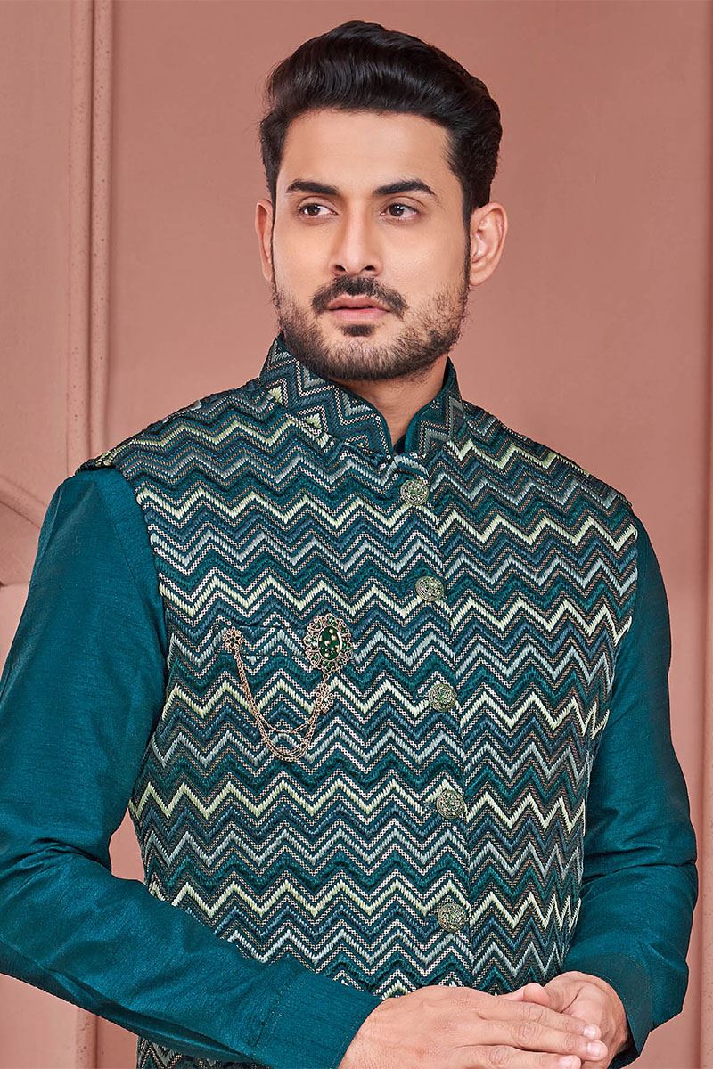 Charming Rama Green Colored Designer Readymade Men’s Wear Kurta and Jacket Set for Wedding, Engagement, or Festive