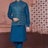 Exuberant Rama Blue Colored Designer Readymade Men’s Wear Kurta and Jacket Set for Wedding, Engagement, or Festive