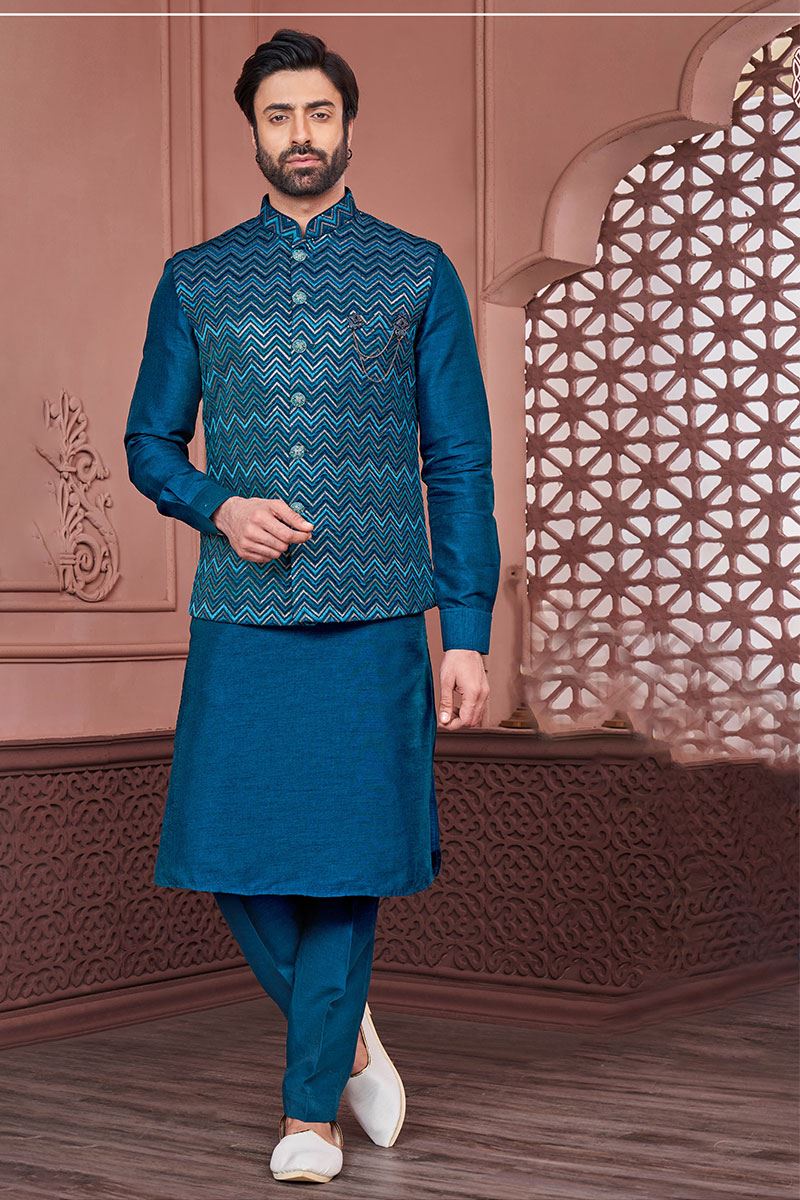 Exuberant Rama Blue Colored Designer Readymade Men’s Wear Kurta and Jacket Set for Wedding, Engagement, or Festive