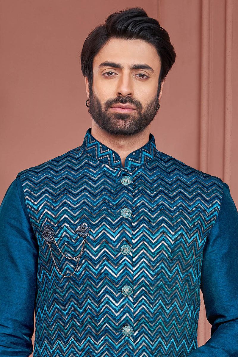 Exuberant Rama Blue Colored Designer Readymade Men’s Wear Kurta and Jacket Set for Wedding, Engagement, or Festive