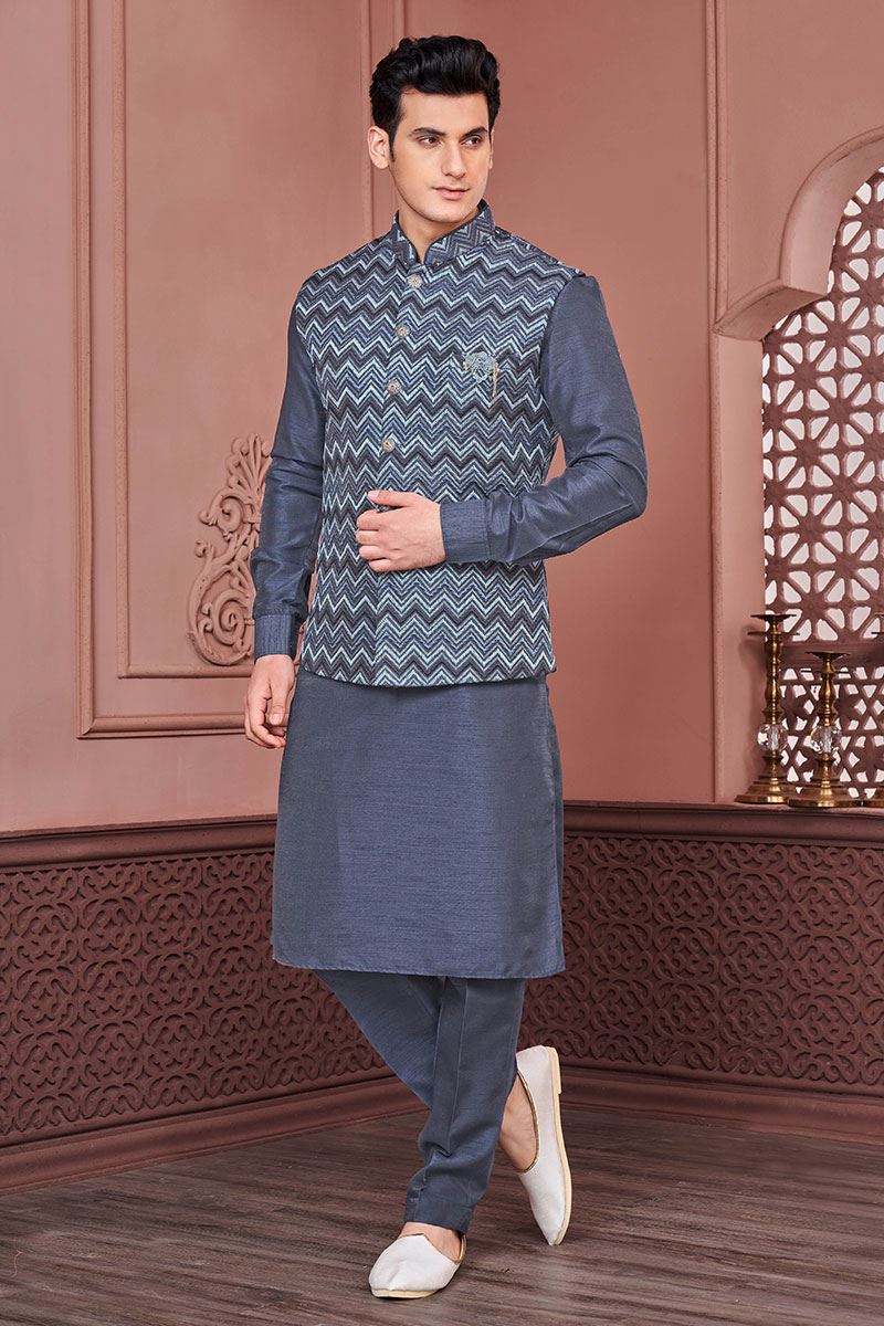 Classy Grey Colored Designer Readymade Men’s Wear Kurta and Jacket Set for Wedding, Engagement, or Festive
