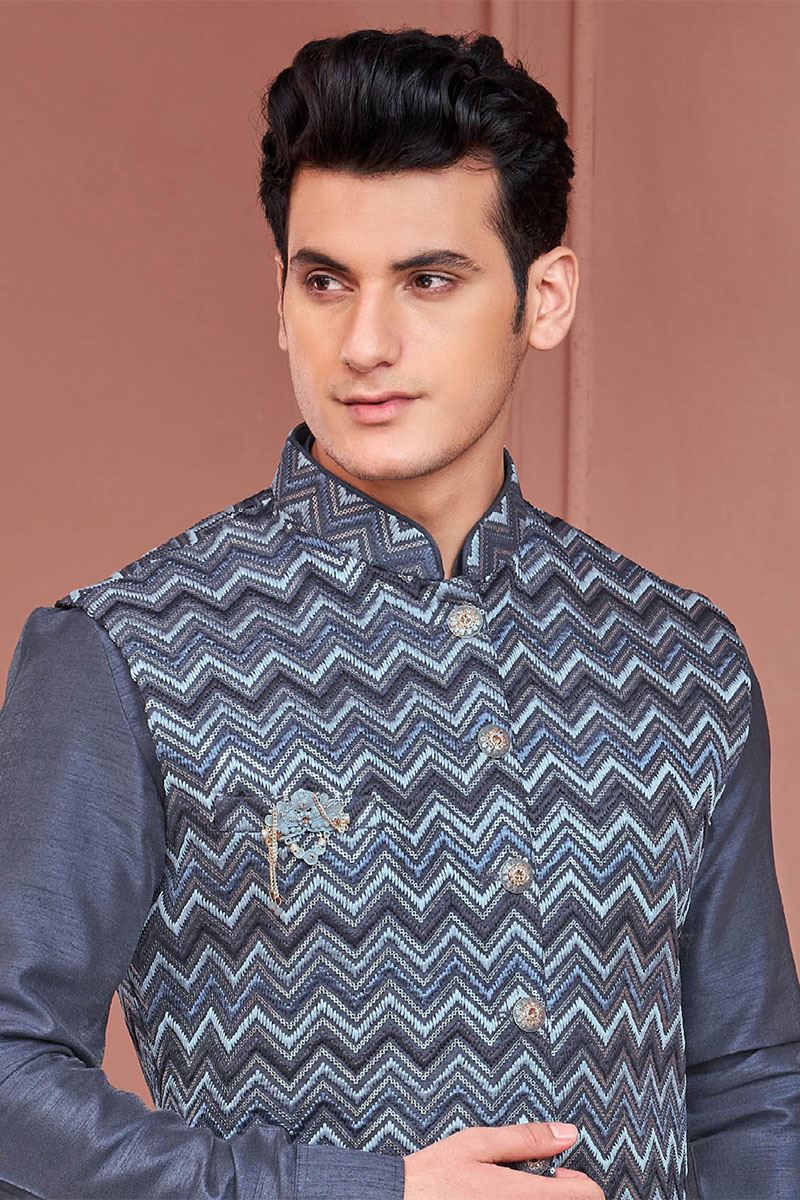 Classy Grey Colored Designer Readymade Men’s Wear Kurta and Jacket Set for Wedding, Engagement, or Festive