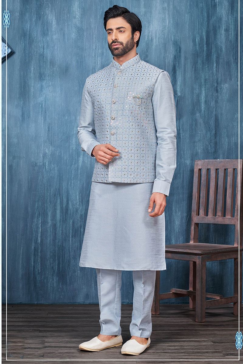 Amazing Blue Colored Designer Readymade Men’s Wear Kurta and Jacket Set for Wedding, Engagement, or Festive