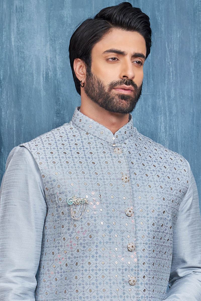 Amazing Blue Colored Designer Readymade Men’s Wear Kurta and Jacket Set for Wedding, Engagement, or Festive