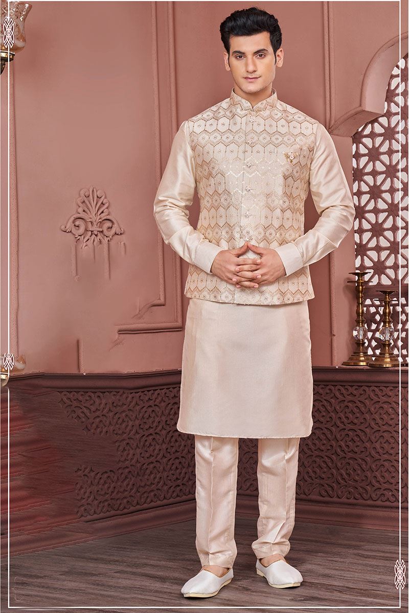 Fancy Beige Colored Designer Readymade Men’s Wear Kurta and Jacket Set for Wedding, Engagement, or Festive