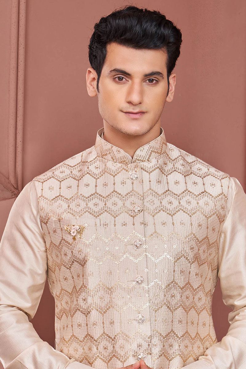 Fancy Beige Colored Designer Readymade Men’s Wear Kurta and Jacket Set for Wedding, Engagement, or Festive