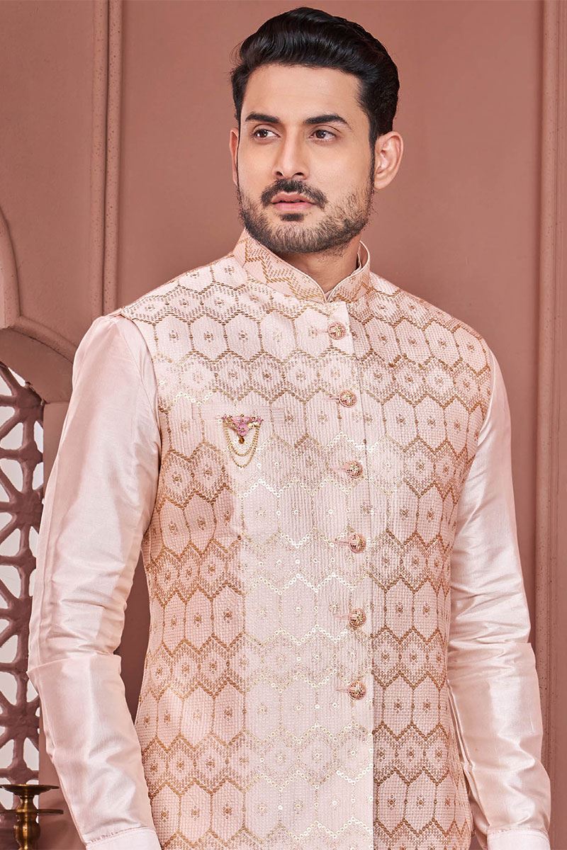 Marvelous Peach Colored Designer Readymade Men’s Wear Kurta and Jacket Set for Wedding, Engagement, or Festive